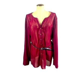 Vanity Sheer Chevron Maroon button up blouse  with belt size XXL